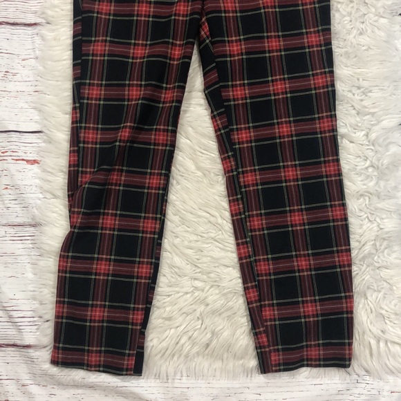 Zara Tartan Plaid Checkered Red High Waisted Elastic Trousers - Picture 11 of 11